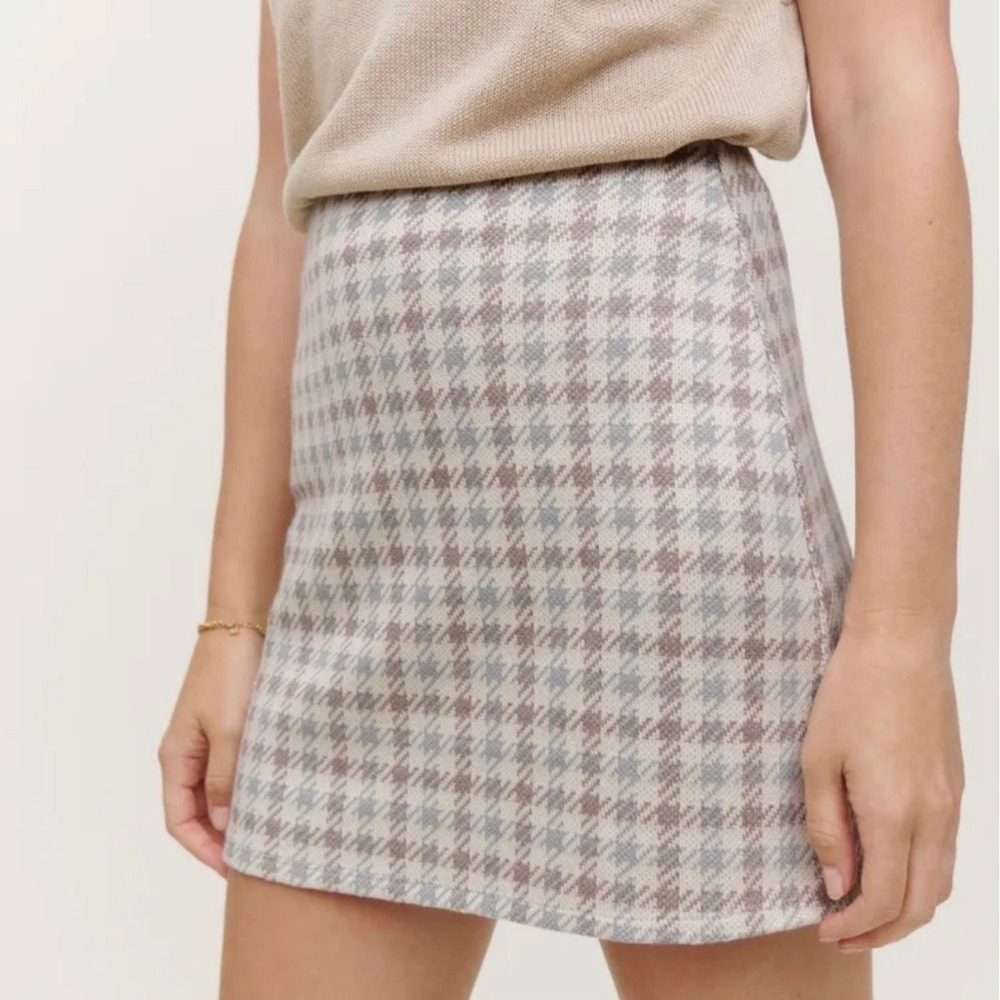 Reformation Houndstooth Knit Mini Skirt Brown Blue Plaid Size 2